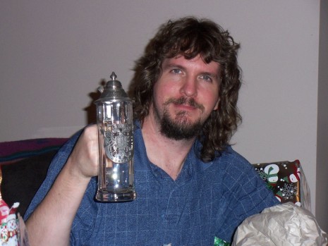 "My brother with last year's big gift, a stein from Vienna, Austria"