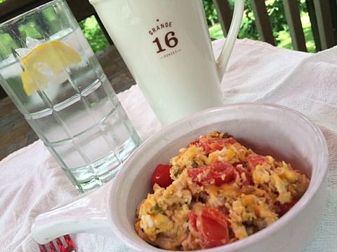 Breakfast is the best: eggs, tomatoes, jalapeños, a glass of water. And coffee. I don’t give up coffee.