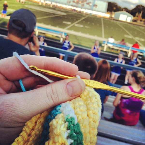 Crocheting at the football game